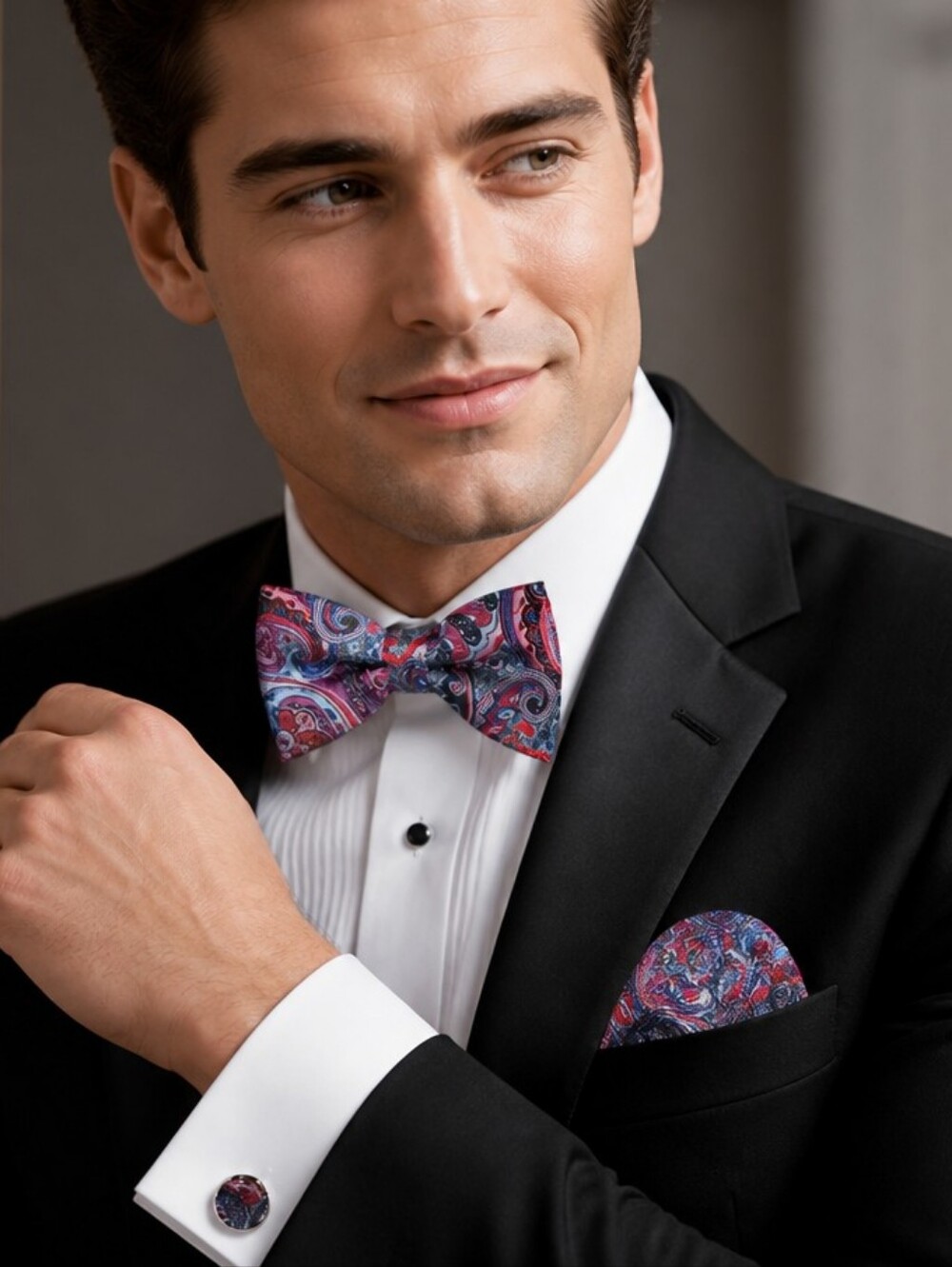 Red Blue Paisley Bow Tie Pocket Square Cufflinks 4pc Set Wedding Prom Formal New